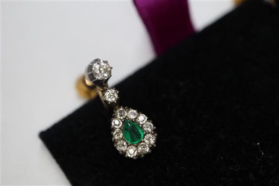 A pair of 19th century, yellow and white metal, emerald and diamond drop earrings, 17mm.